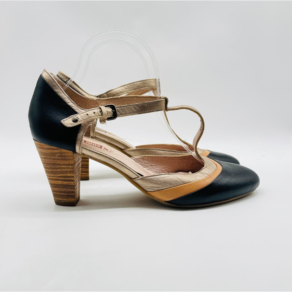 Pikolinos Shoes Womens EU 41 US 10.5 Black Tan Leather T Strap Kitten Heels - Picture 1 of 11